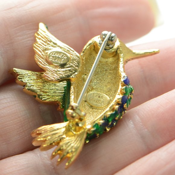 Kenneth Jay Lane KJL Gold-tone Green and Blue Enamel Hummingbird Pin Brooch - Picture 3 of 3